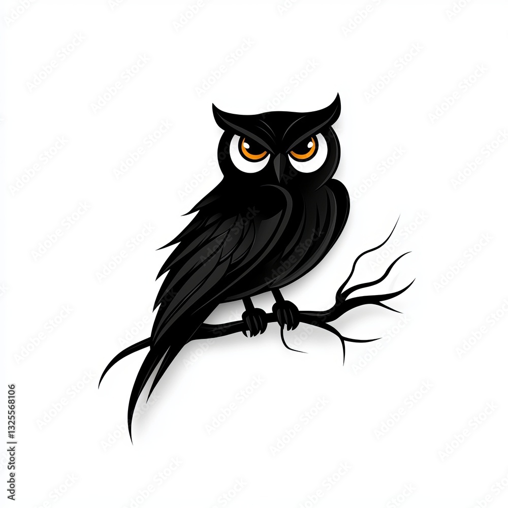 Fototapeta premium Stylized black owl with striking orange eyes perched on a branch.