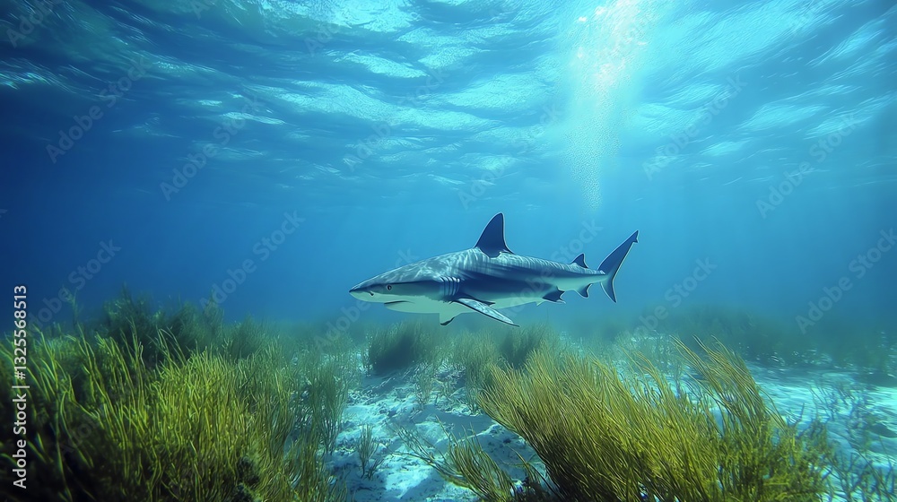 Naklejka premium Shark Swimming Underwater Near the Seabed with Seaweed and Light