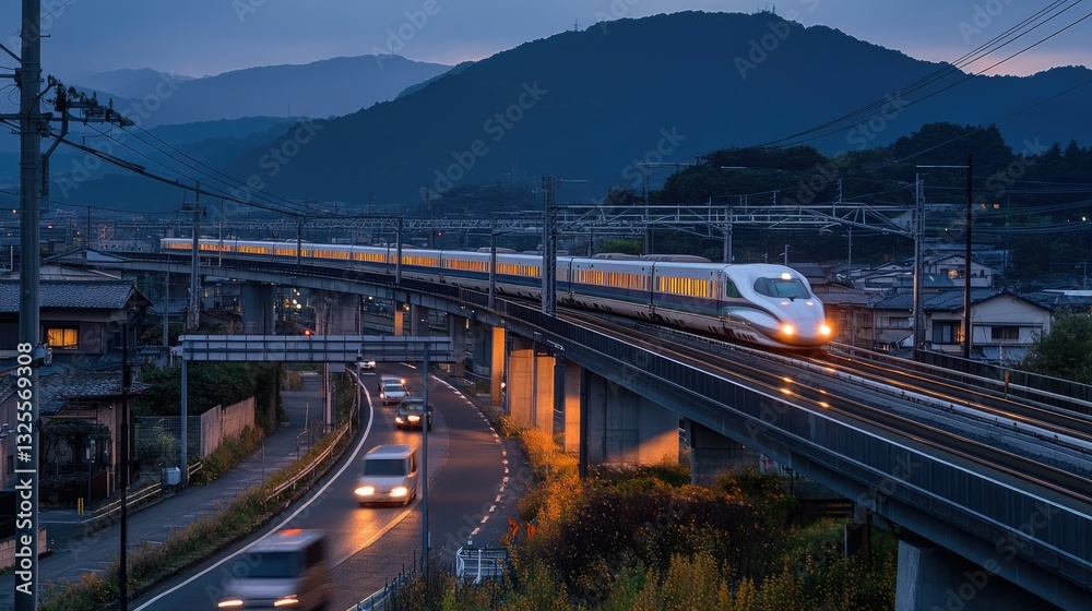 Fototapeta premium Bullet train speeding alongside a highway, racing against cars in the evening light.