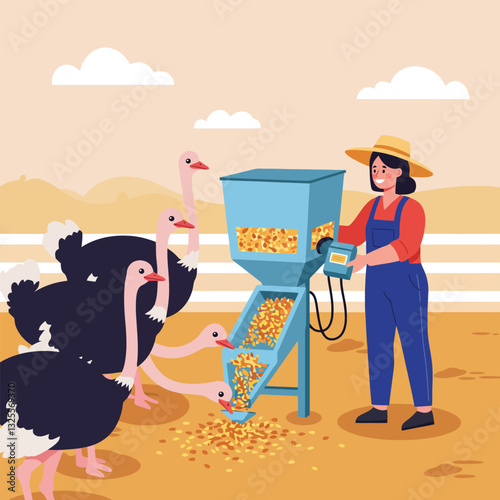 Feeding Ostriches with Automated Feeder Controlled by Smiling Farm Worker