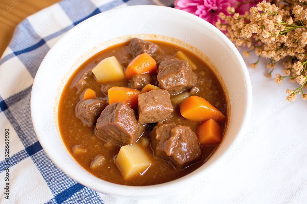 A bowl of beef stew with carrots and potatoes A bowl of beef stew with carrots and potatoes