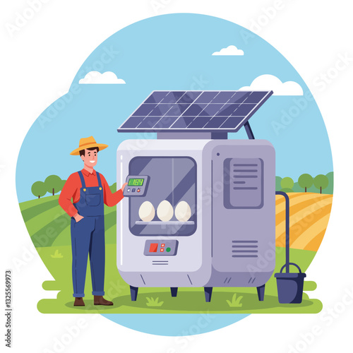 Farmer Using Solar Powered Incubator to Hatch Eggs on Farm