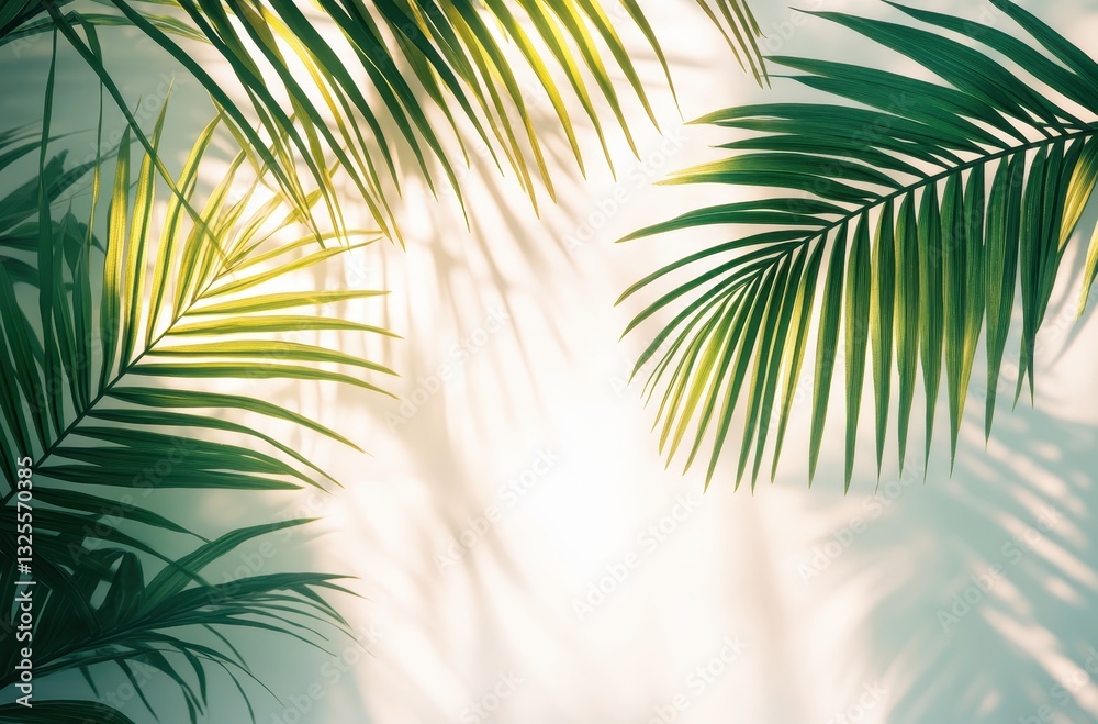 Fototapeta premium Tropical Green Palm Leaves Casting Shadows on Soft Background Creating a Calm and Peaceful Atmosphere