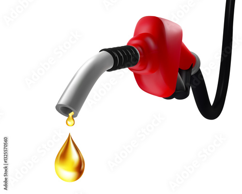 Gasoline red fuel pump nozzle isolated with drop oil on white background,petrol pistol with handle hose diesel oil company economy Realistic oil drop
