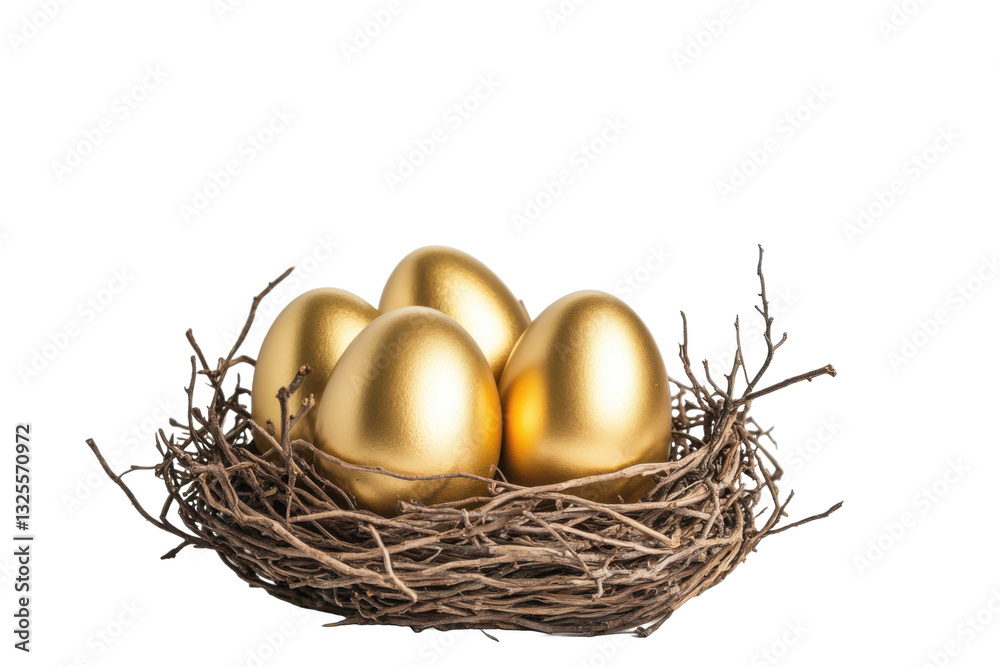 Golden easter bunny eggs with golden finish shining sitting in nest, isolated Golden easter bunny eggs with golden finish shining sitting in nest, isolated