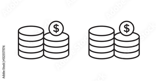 Coins filled and outlined icons vectors on white background