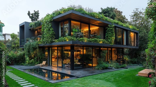 Modern green roof house with pool and garden at dusk.
