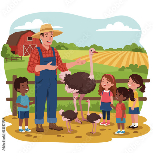 Farmer Explaining Ostrich to Children on Farm Tour Illustration