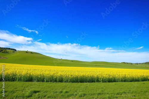 a grassy field with a hill in the background