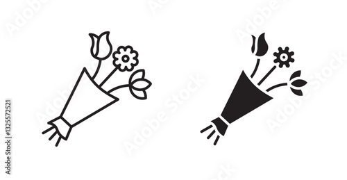 Flower bouquet filled and outlined icons vectors on white background