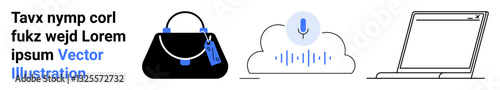 Black handbag with tags, voice recognition in cloud, and a laptop outline highlight technology, convenience, fashion, and communication. Ideal for retail, AI, tech shopping work fashion flat