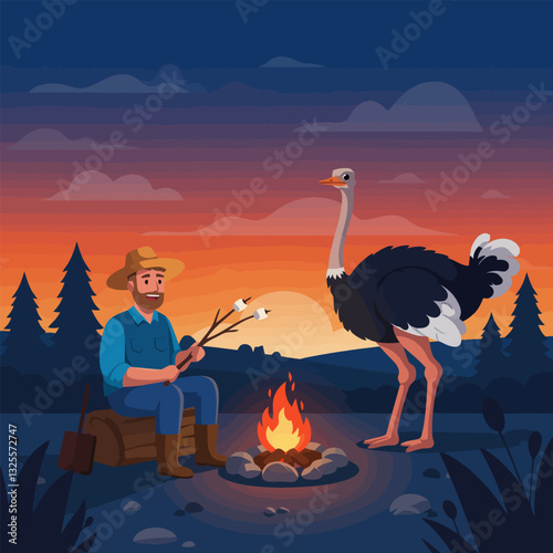 Man Roasting Marshmallows by Campfire with an Ostrich in Nature