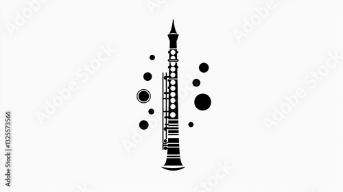 Silhouette of a woodwind instrument, possibly an oboe or clarinet, encircled by musical notes or bubbles.  A simple, elegant graphic design
