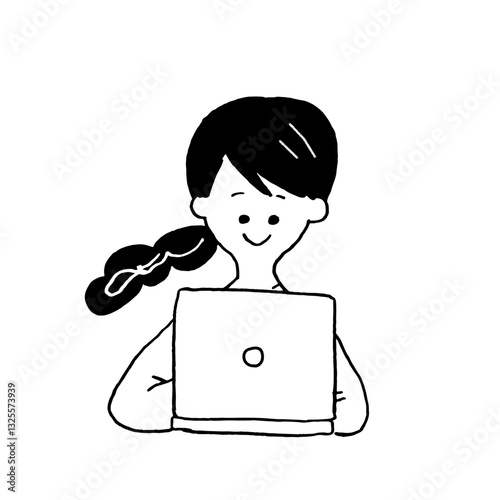 手描き風　リモートワーク　パソコンを使っている女性　ベクター　モノクロ　ポップ