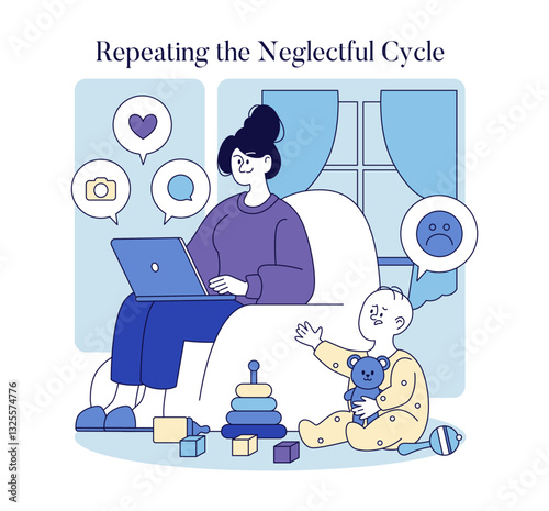 Negletful Parenting Style. Flat Vector Illustration