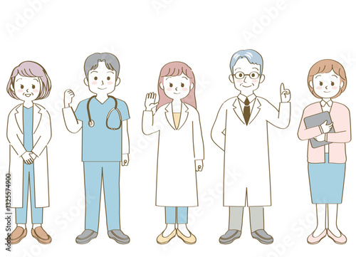 福祉、医療従事者の人物のベクターイラスト素材／医者／薬剤師／看護師／全身／主線あり
