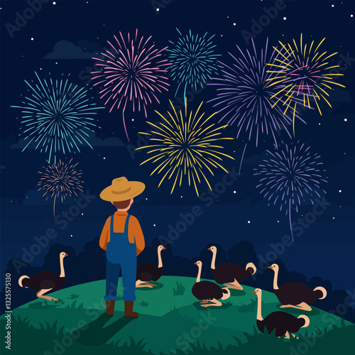 Farmer Watching Fireworks with Ostriches on a Hill at Night