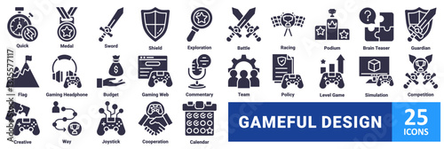 Gameful Design icon set. with icons quick, medal, sword, shield, exploration, battle, racing, podium, brain teaser, guardian, flag, gaming headphone, budget, gaming web, commentary, team management 