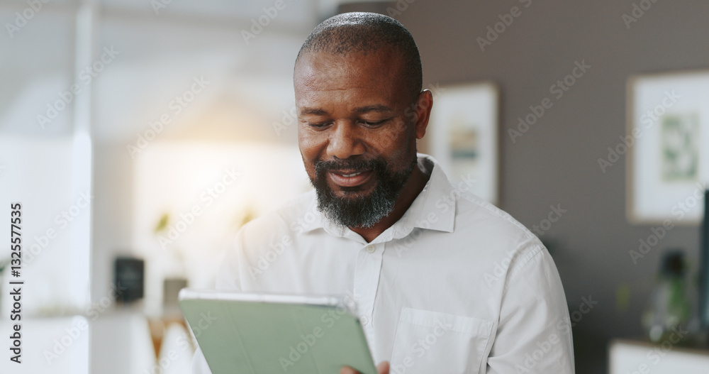 Tablet, planning and reading with business black man in office for research, client feedback and idea. Smile, project progress and update with person in creative agency for online review and report Tablet, planning and reading with business black man in office for research, client feedback and idea. Smile, project progress and update with person in creative agency for online review and report