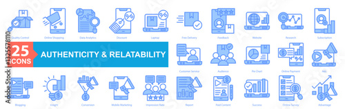 Authenticity and Relatability Icon Sheet Quality Control, Online Shopping, Data Analytics, Discount, Laptop, Free Delivery, Feedback, Website, Research, Subscription, Customer Service, Audience