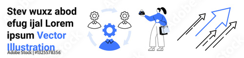 Woman observing gear and network process, conveying teamwork, productivity, innovation, optimization, goal setting, growth strategies. Ideal for tech, business education management startups flat