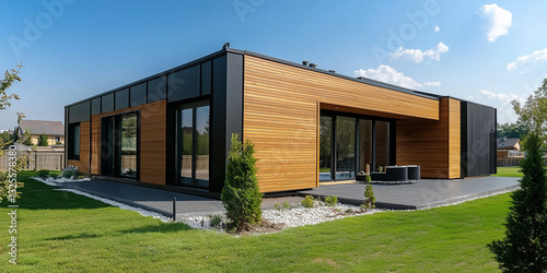 Modernes, luxuriöses, minimalistisches Kubushaus, Villa mit Holzverkleidung und schwarzen Paneelwänden sowie landschaftlich gestaltetem Vorgarten. Wohnarchitektur außen. Mit viel Wald und Garten.