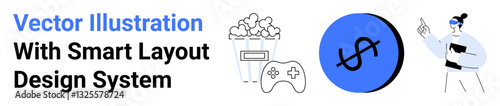 Popcorn, gaming controller, dollar coin, and person interacting. Ideal for media, gaming, technology, financial education, apps entertainment marketing flat landing page banner