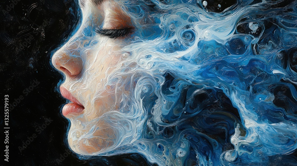 Woman's face merging with swirling blue and white paint. Woman's face merging with swirling blue and white paint.