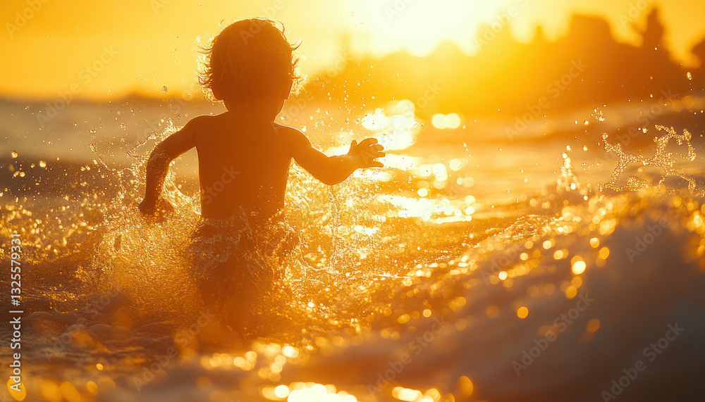 Child playing in golden sunset waves Child playing in golden sunset waves