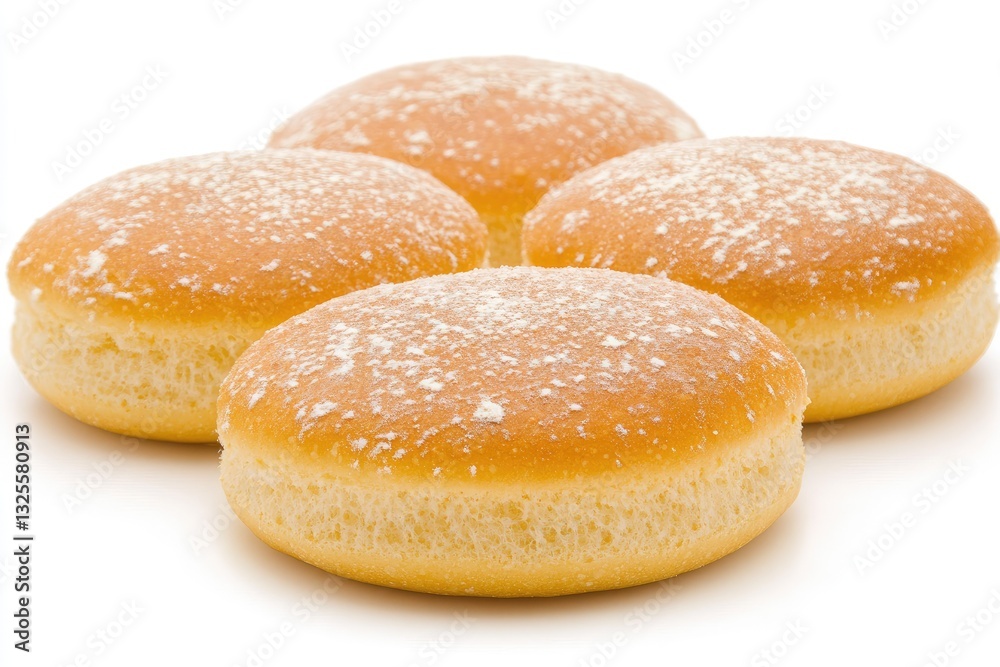 Four round pastries, dusted with powdered sugar Four round pastries, dusted with powdered sugar
