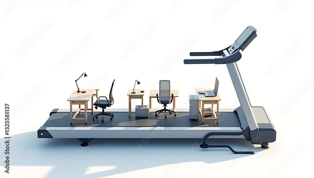 A simple 3D render of a treadmill with office desks and chairs placed on it, symbolizing the repetitive nature of corporate life, placed on a plain white background.
A simple 3D render of a treadmill with office desks and chairs placed on it, symbolizing the repetitive nature of corporate life, placed on a plain white background.