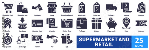 Retail and Supermarket icon set. with icon shopping cart, shopping bag, purchase, store, shopping basket, flash sale, price tag, delivery, invoice, discount, quality, purchase, member card, wishlist 