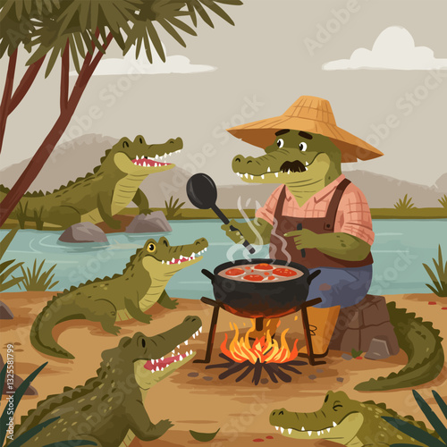 Alligator Cooking Meal Outdoors with Friends by Water Cartoon Illustration