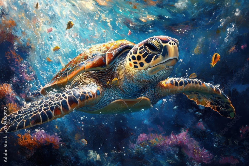 Naklejka premium Colorful sea turtle gliding gracefully among coral reef and tropical fish in vibrant ocean waters