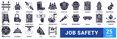 Job safety icon set. with icon barrier, apron, safety belt, boots, traffic cone, police hat, gas mask, checklist, fire hydrant, high voltage, caution sign, padlock, health check, button, washing hand 