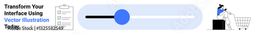 Checklist with tasks, slider with blue knob, and shopping cart with items. Ideal for UXUI design, productivity tools, e-commerce themes, digital solutions, app interfaces, online shopping guides