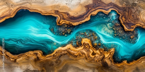 Wallpaper Mural A stunning aerial view of old cracked wood featuring a turquoise epoxy river. Torontodigital.ca