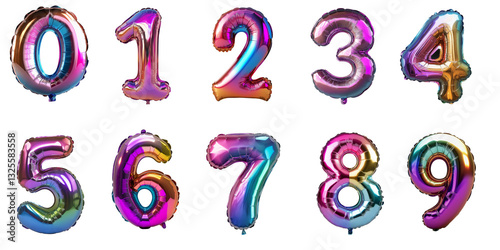 Numbers From Zero to Nine in Metallic-shaped Balloons Floating in Transparent Background