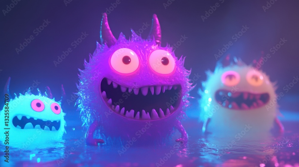 Cute cartoon monsters in vibrant neon light, glowing on a reflective surface Cute cartoon monsters in vibrant neon light, glowing on a reflective surface
