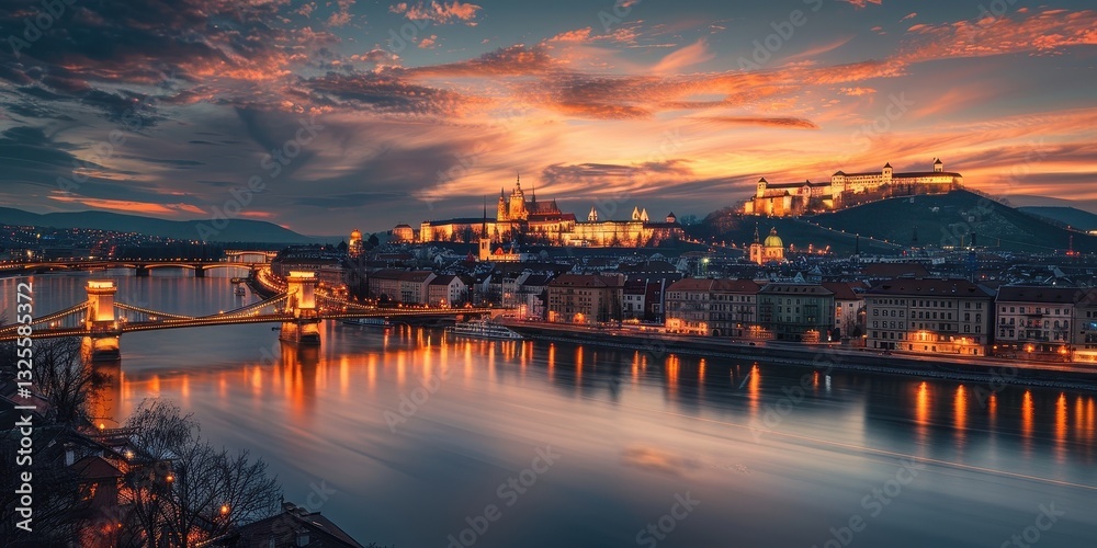 Fototapeta premium Budapest Cityscape at Sunset with Illuminated Buildings