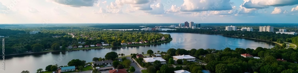 Aerial view of Kissimmee cityscape overlooking Lake Tohopekaliga, USA, skyline, lake Aerial view of Kissimmee cityscape overlooking Lake Tohopekaliga, USA, skyline, lake