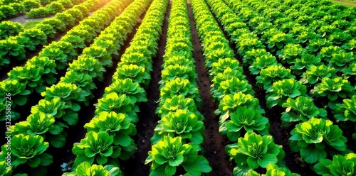Aerial view of lush green vegetable garden with neat rows of crops under the sun, aerial view, farming, healthy