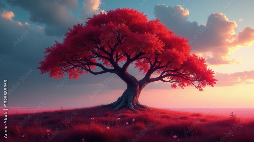 Serene Sunset Landscape Featuring a Majestic Crimson Tree on a Gentle Hill Serene Sunset Landscape Featuring a Majestic Crimson Tree on a Gentle Hill