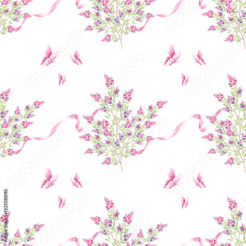 Lilac flowers sprigs with green leaves and butterflies. Seamless pattern. Hand drawn watercolor illustration isolated. Summer frame. Floral horizontal banner. Floral template for wallpaper, textile.