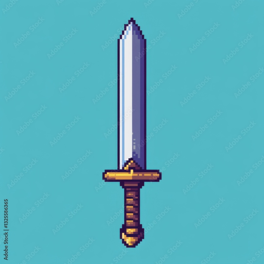 Fototapeta premium Gaming and esports Flat Art Style Icon. Pixel Art Medieval Sword on Blue Background