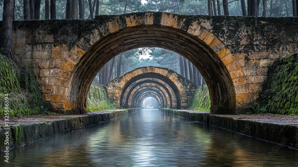 Fototapeta premium Water flowing through a maze of aqueducts in an ancient city, showcasing the engineering marvel of controlling water s power, ancient aqueduct, human harnessing water, 3D render