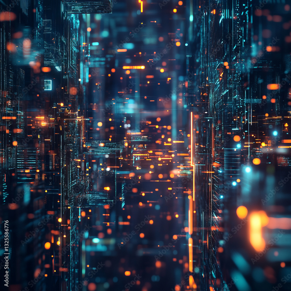 Fototapeta premium Futuristic Digital Cityscape With Glowing Teal and Orange Particles at Night