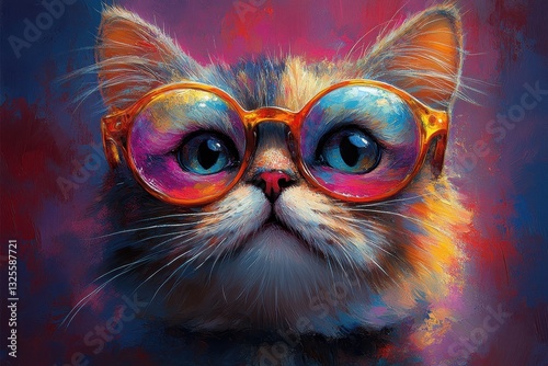 Cat with colorful glasses stares playfully at the viewer in a vibrant artistic style, showcasing its expressive features