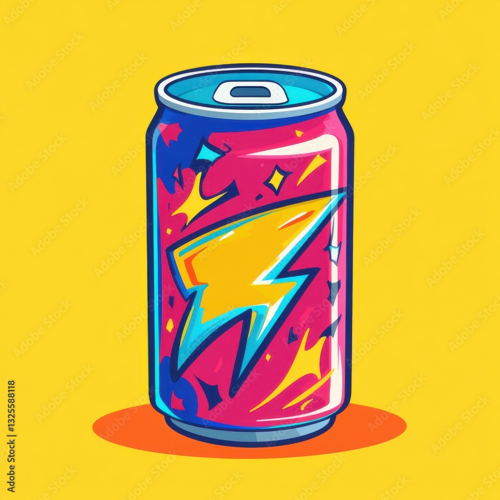 Gaming and esports Flat Art Style Icon. Vibrant Pink Energy Drink Can with Yellow Lightning Bolt Graphic Gaming and esports Flat Art Style Icon. Vibrant Pink Energy Drink Can with Yellow Lightning Bolt Graphic