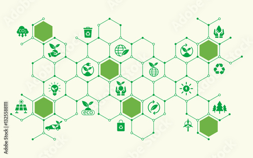 Sustainable business or green business vector illustration background. with connected icon concepts related to environmental protection and sustainability in business and hexagon